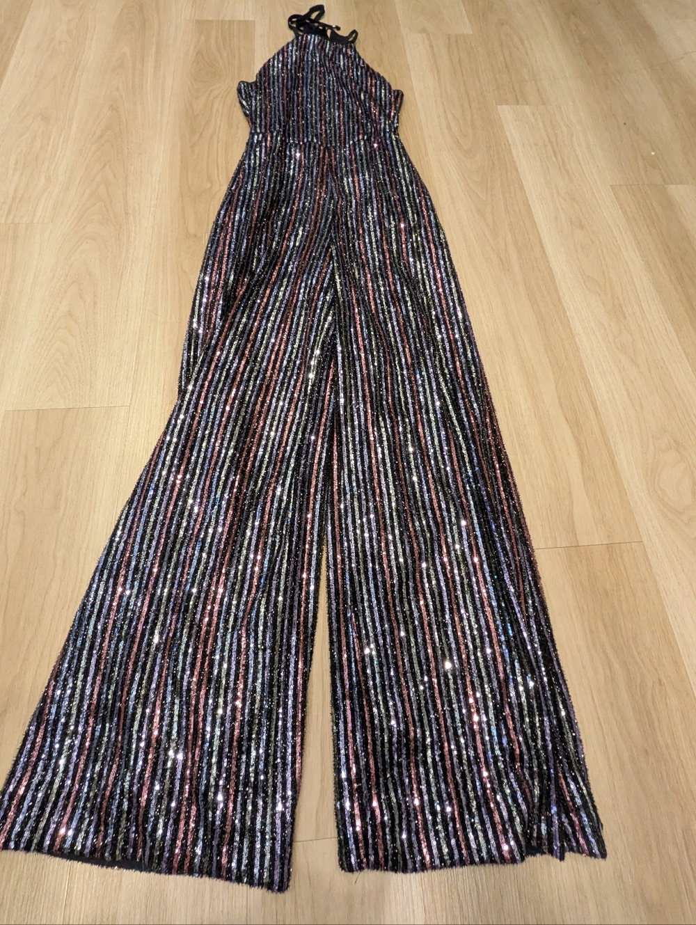 Anthropologie Maeve Disco Halter Sparkle Striped Jumpsuit Size 2